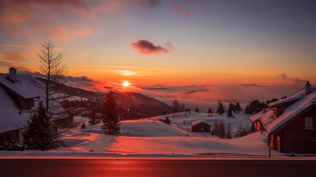 Heated road and snow covered homes at sunset